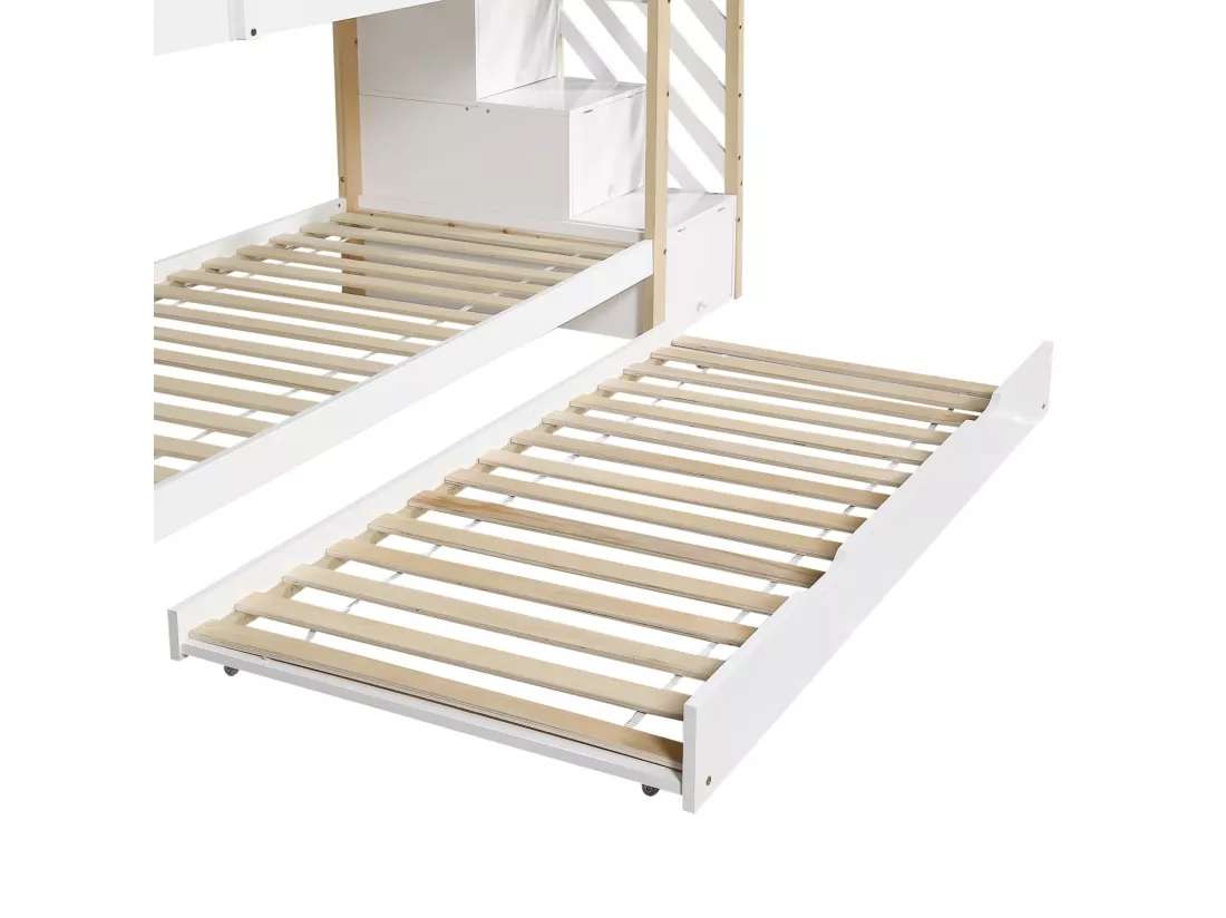 Lits superposés triple - 2 x 90 x 200 cm - avec lit gigogne coulissant 90 x 190 cm - 3 tiroirs - Blanc et naturel