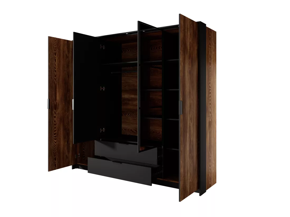 Armoire à portes battantes MILTON LED 224x59x210 Brun chocolat & Noir