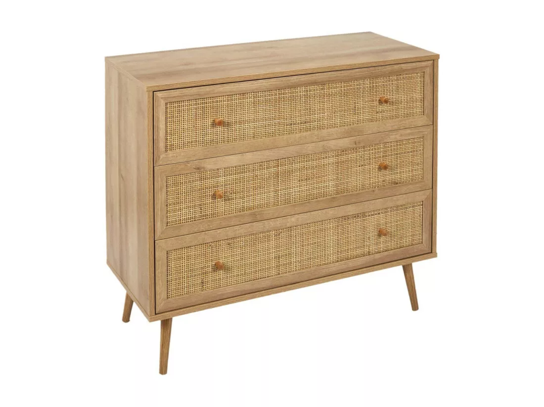 MAYA - Commode 3 Tiroirs Effet Bois et Façades Rotin