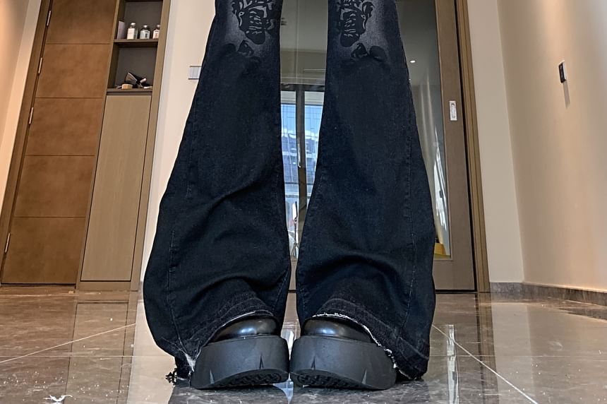 Porstina - Mid Rise Floral Washed Bootcut Jeans