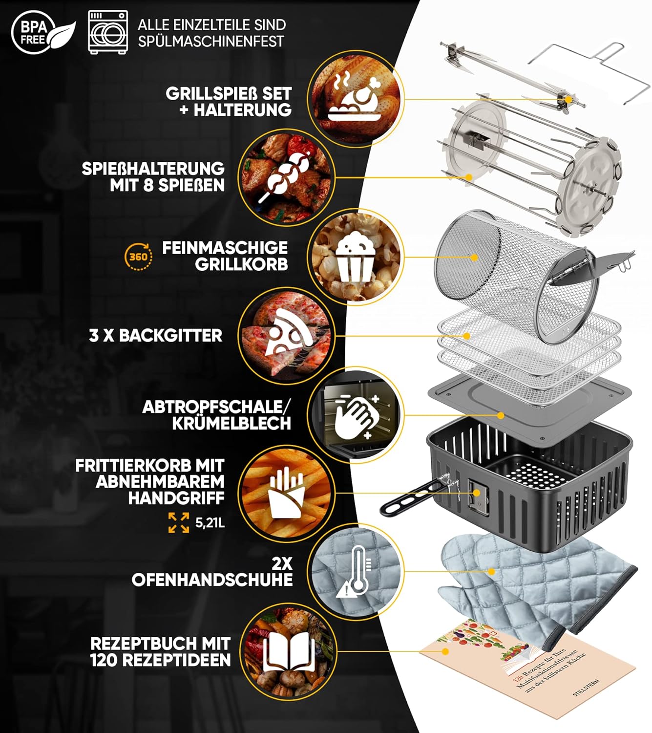 Stillstern Heißluftfritteuse 12L mit LED-Touchscreen, XXL Rezeptbuch auf Deutsch, 12 Programme, Vorheizen&Warmhalten, 1800W Heissluftfritteuse Air Fryer XXL ohne Öl Dörren Minibackofen Camping Grill