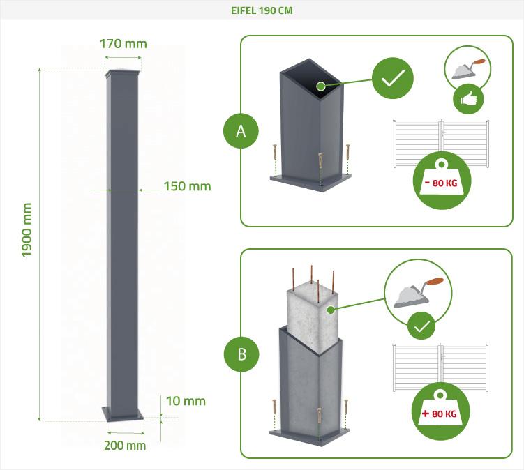 Pakket EIGER 100P180 aluminium poorten + 2 palen, H.190cm, grijs