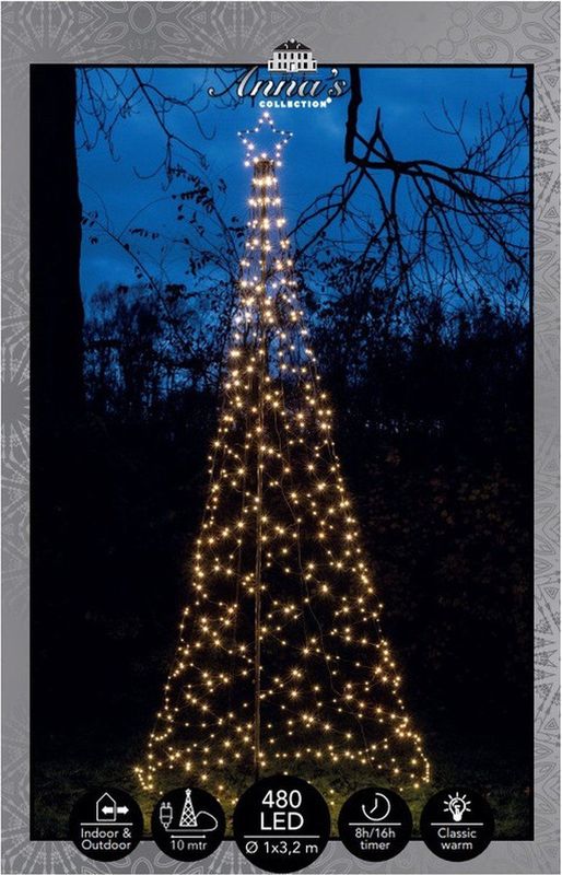 Anna's Collection Vlaggenmast kerstboom met ster - verlichting - 480 leds - H320 cm
