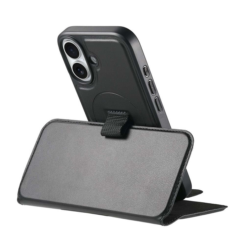 iPhone 16 MagSafe Leder Case Schutzhülle mit Finger Griff Halterung   Abnehmbare Tasche inkl. Kartenfächer (RFID Schutz) - Schwarz