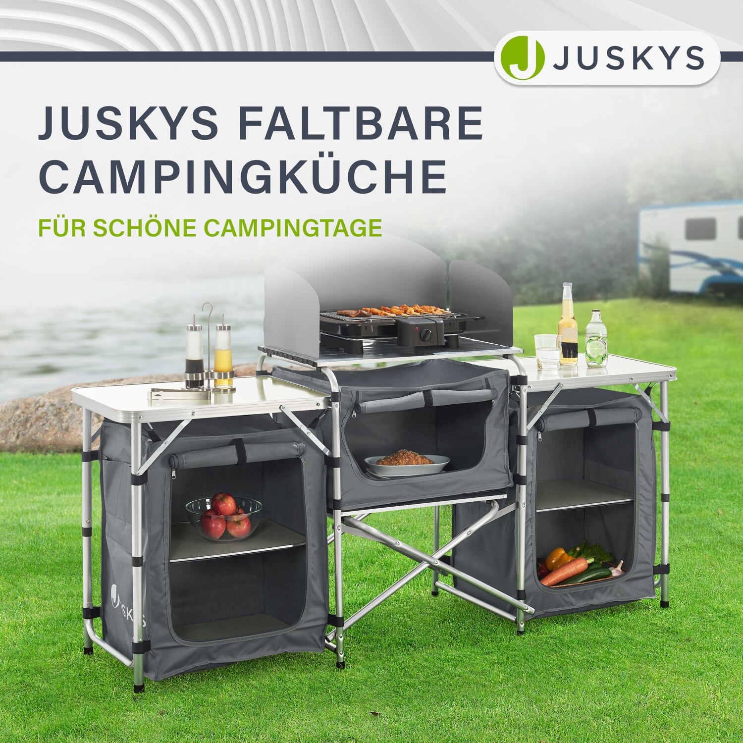 Juskys Campingküche Garda - Outdoor Küche faltbar mit Schrank - klappbare Küchenbox in Grau