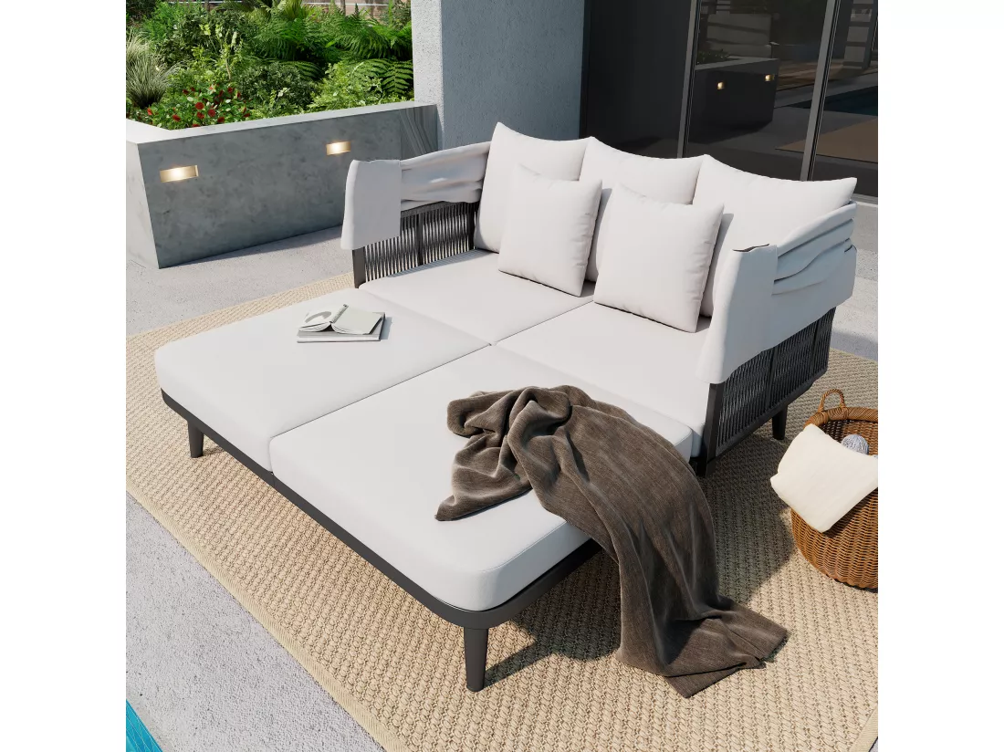 Bain de soleil - Salon de jardin - canapé de jardin - en acier galvanisé - 2 places - avec Pare soleil réglable - Gris