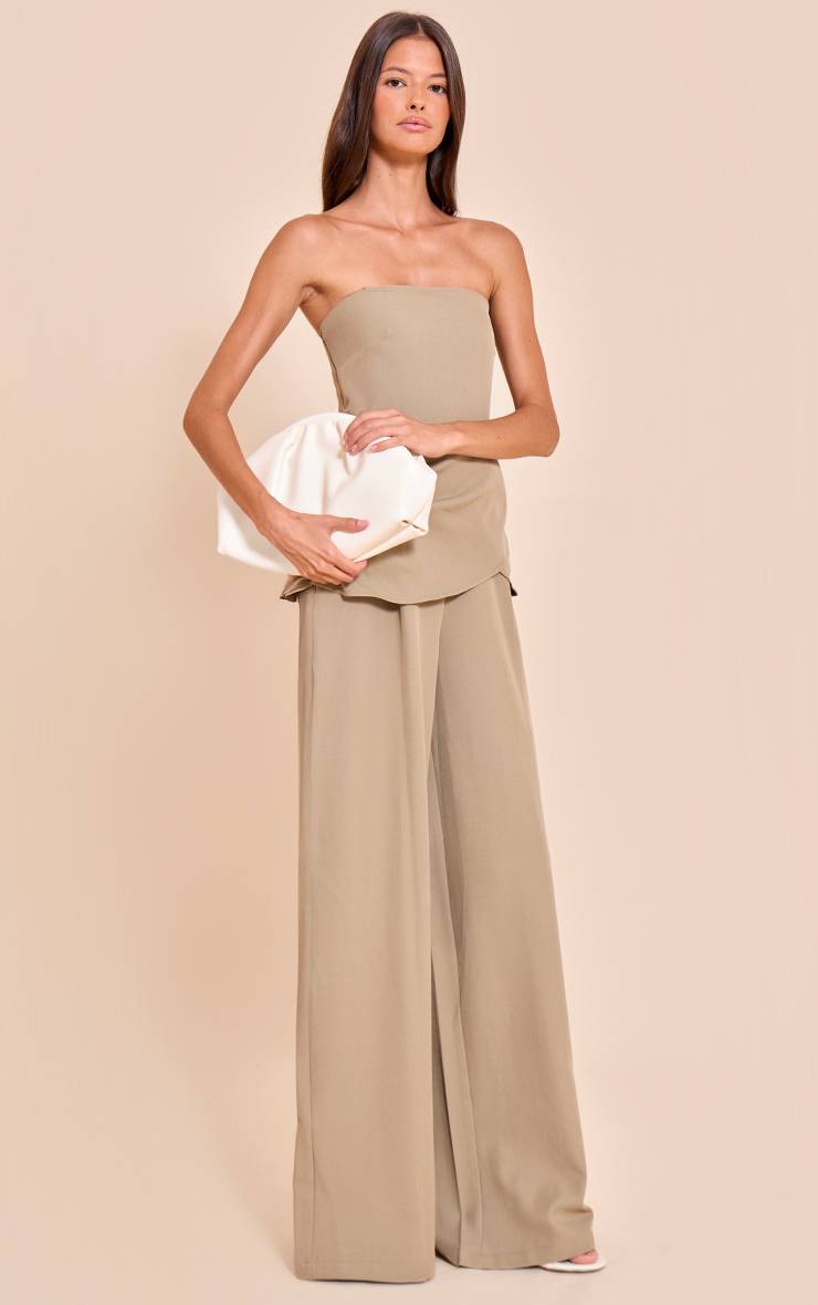 Pale Khaki Combinaison Pantalon Large Drapée À Bandeau En Tissu Tissé Kaki Clair