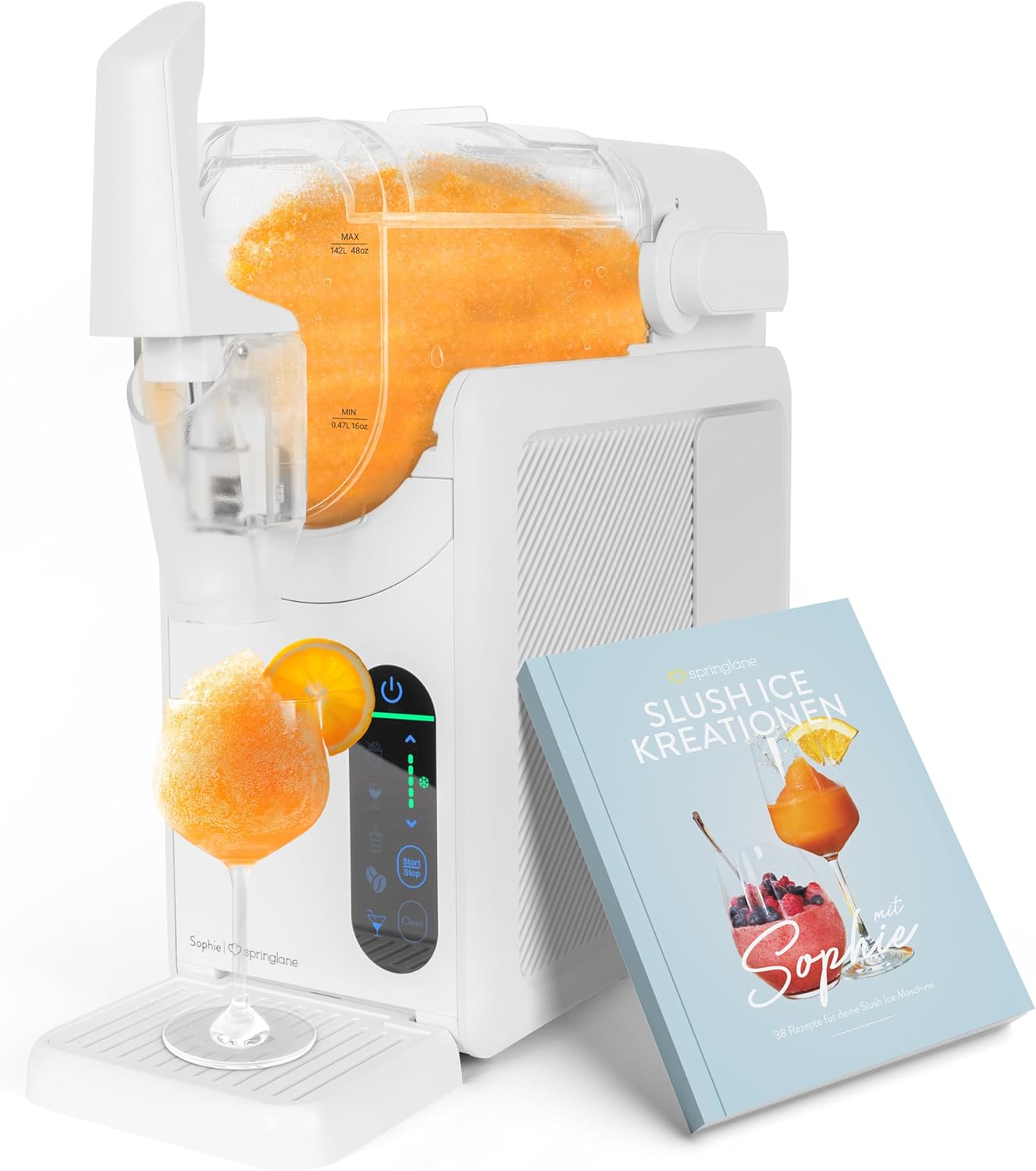 Springlane 2 Liter Slush Maschine inkl. Rezeptbuch, 5-in-1 Slushie Maschine für Slushies, Cocktails, Frappés, Milchshakes oder Weinslush, einstellbare Konsistenz & Selbstreinigung - Weiß