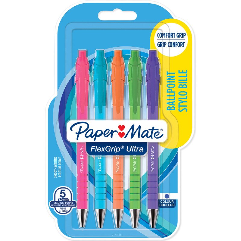 Stylo bille Papermate Flexgrip Brights rétractable pointe 1 mm - écriture moyenne - Pochette de 5