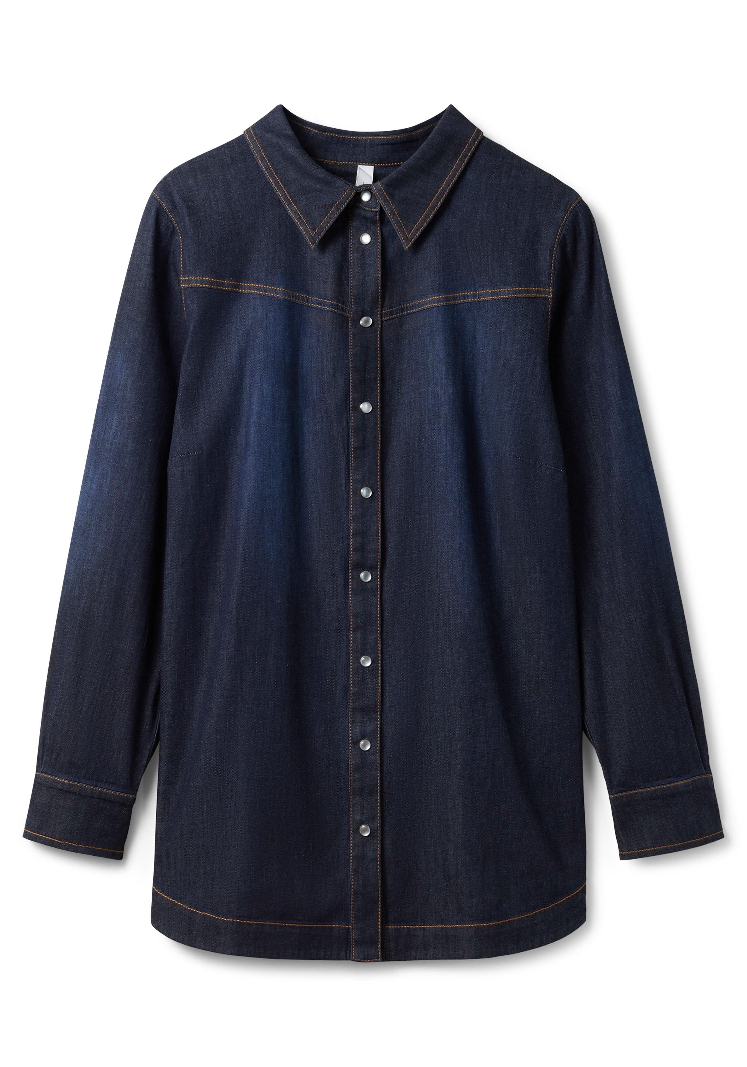 Jeansbluse mit Kontrastnähten und Druckknöpfen