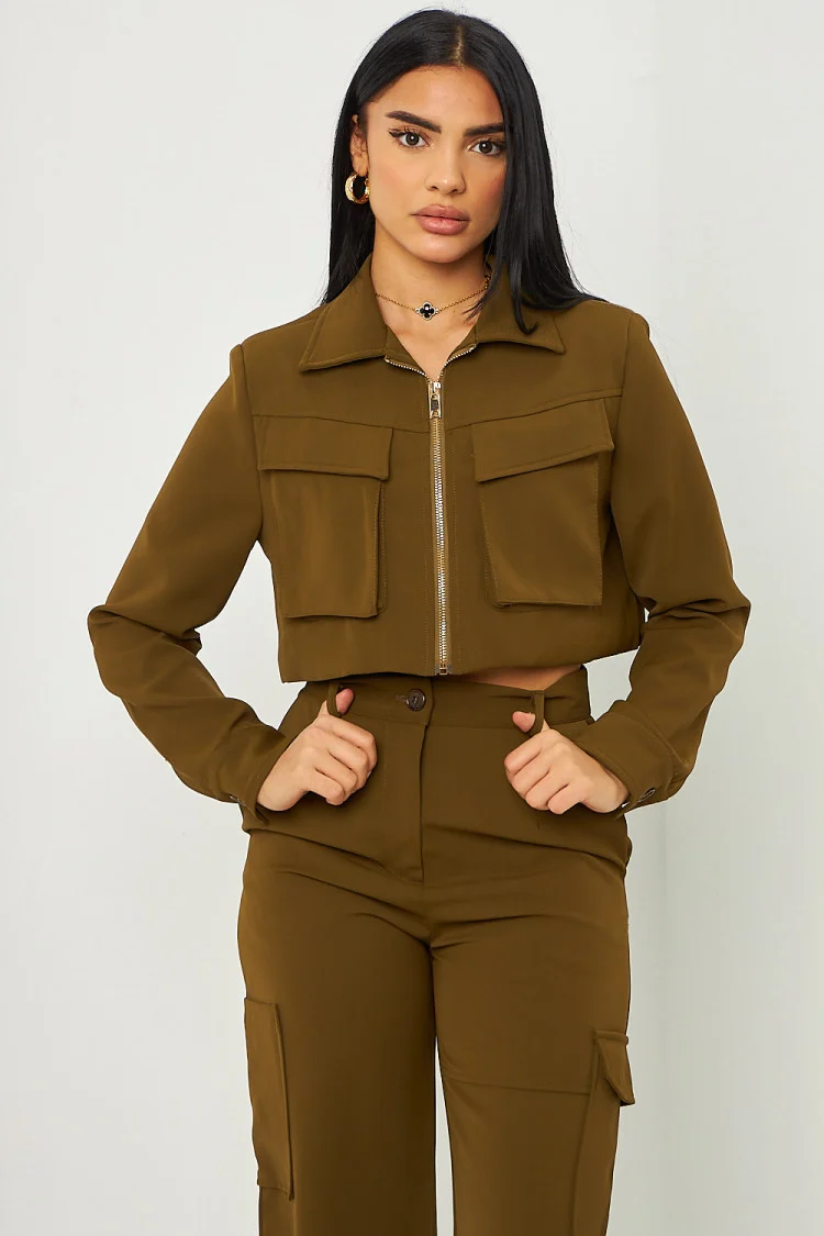 Ensemble 2 pièces veste courte + pantalon large poche cargo kaki