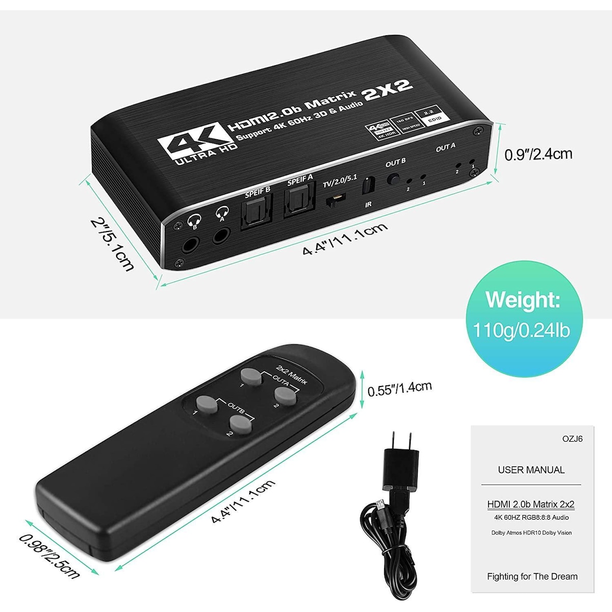 NÖRDIC HDMI Matrix switch 2X2 med avtrekker 4K60Hz RGB 8: 8: 8 18Gbps 3D HDR HDCP2.2