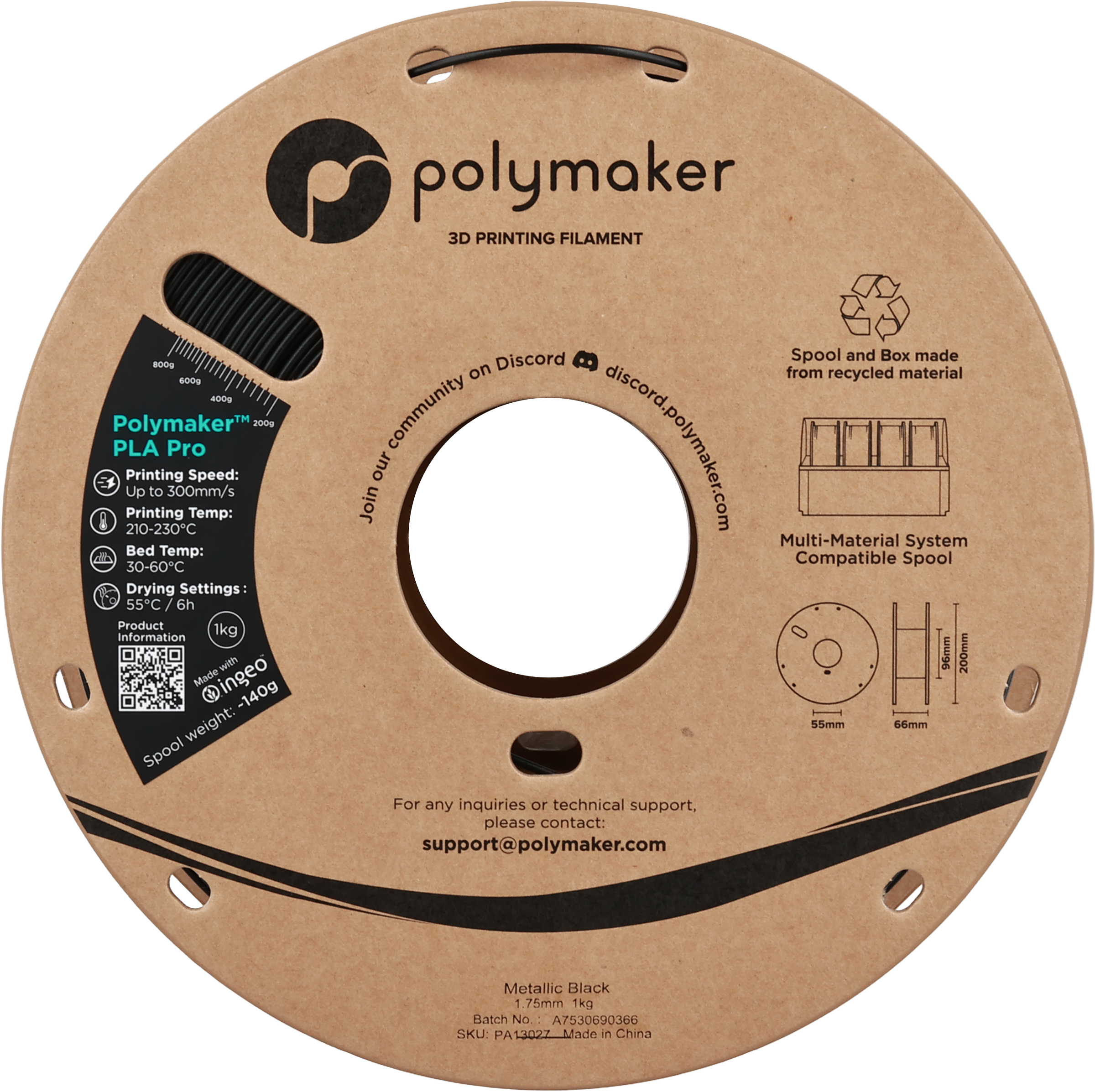 Polymaker  PLA Pro Metallic Black, 1,75 mm / 1000 g    Neue, verbesserte Formulierung: Hochleistungs-High Speed-PLA in Metallic Black
