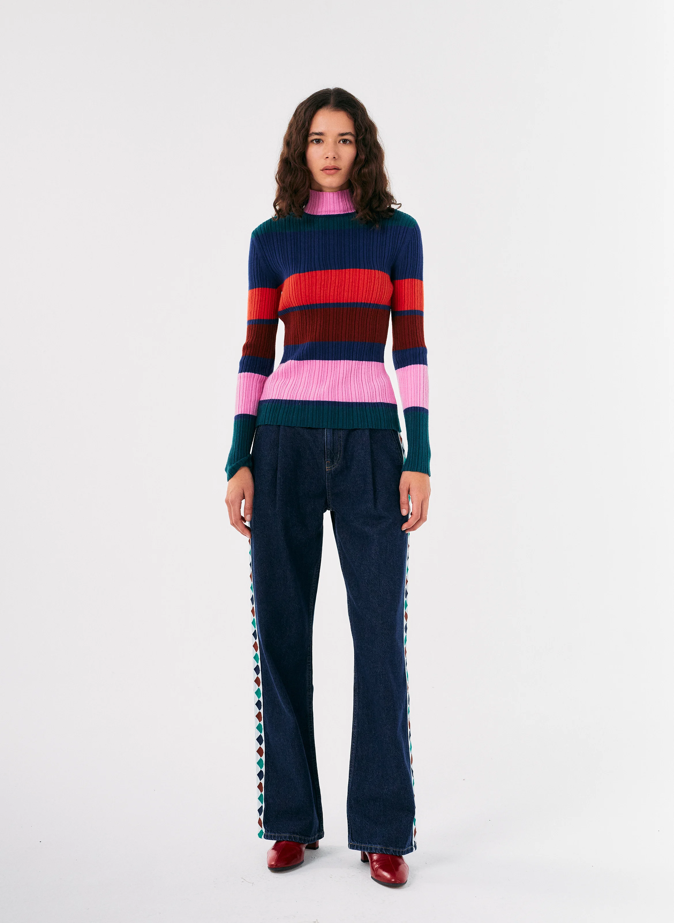 Pull cintré col montant rayé en maille mélangée | Multicolore
