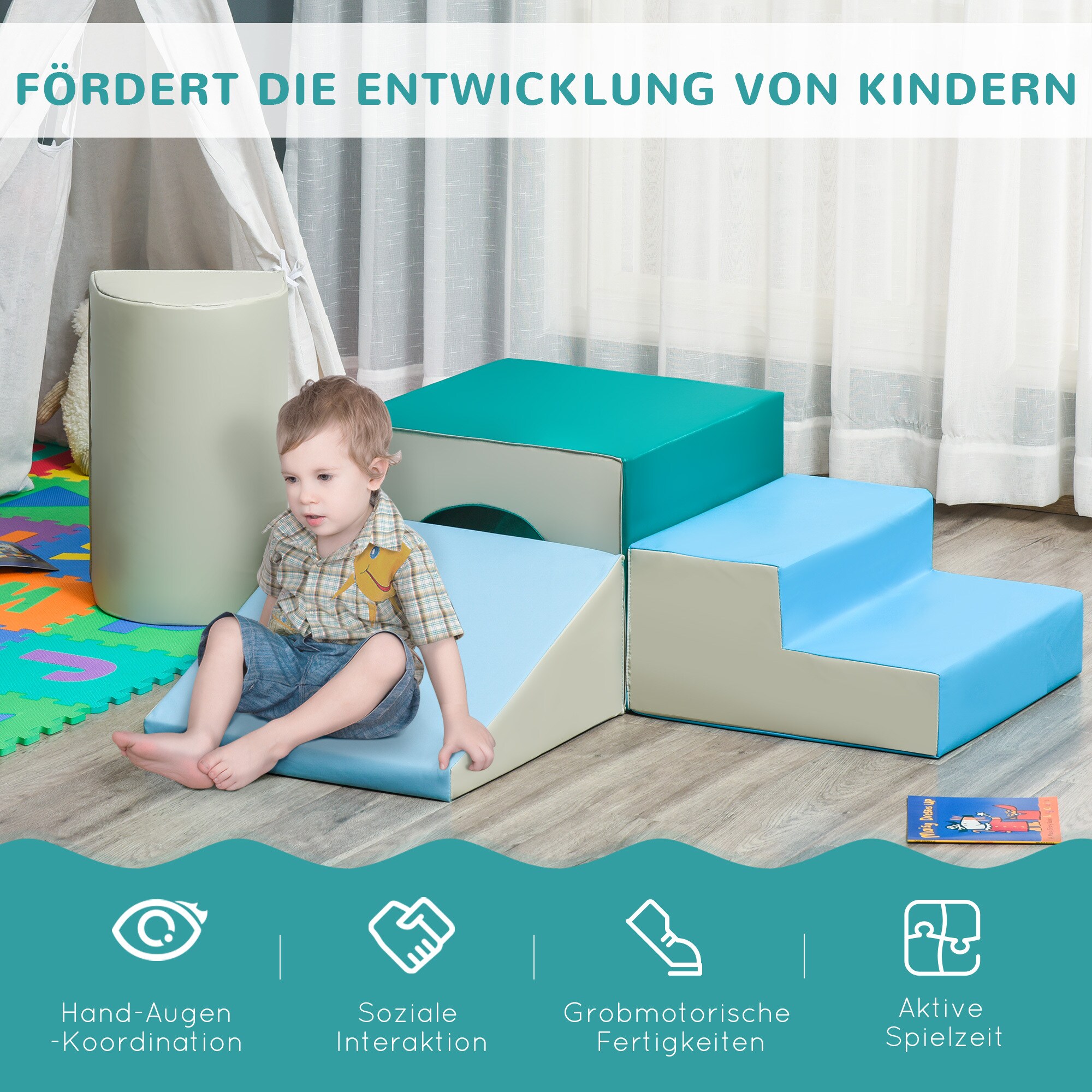 HOMCOM Bausteine 4er-Set Bausteine Schaumstoffblöcke, einfache Reinigung Hellgrau,Blau.Grün 150 x 50 x 39 cm (LxBxH)