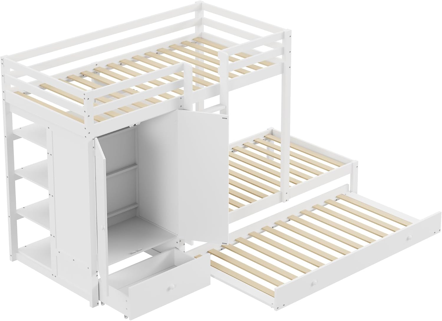 Etagenbett aus Massivholz mit Ausziehbett, multifunktionales Kinderbett mit Kleiderschrank, Schubladen und Ablagefach, Grau/Weiß, 90×200cm (Weiß)