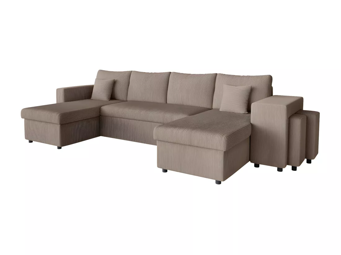 Canapé panoramique Oslo convertible avec 2 coffres, 2 poufs à droite en velours côtelé taupe - L311 x P146 x H81cm - Loungitude