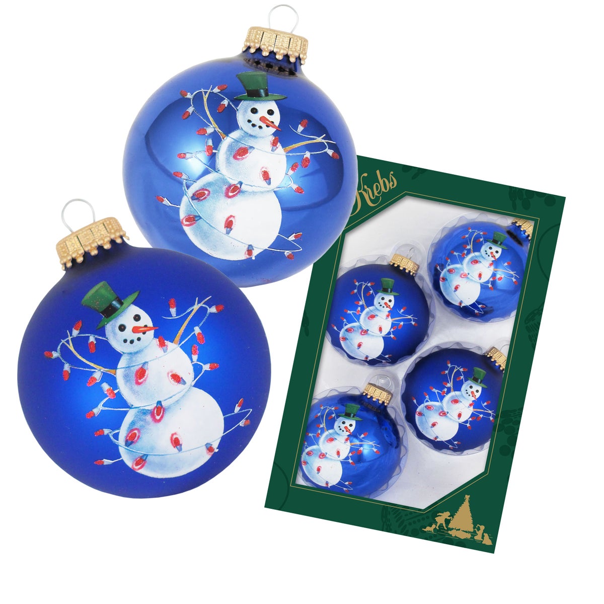 Blauwe glanzende/matte 7cm glazen ballen met sneeuwpopmotief, 4 stuks, Kerstboomballen, Kerstboomversiering, Kerstboomornamenten