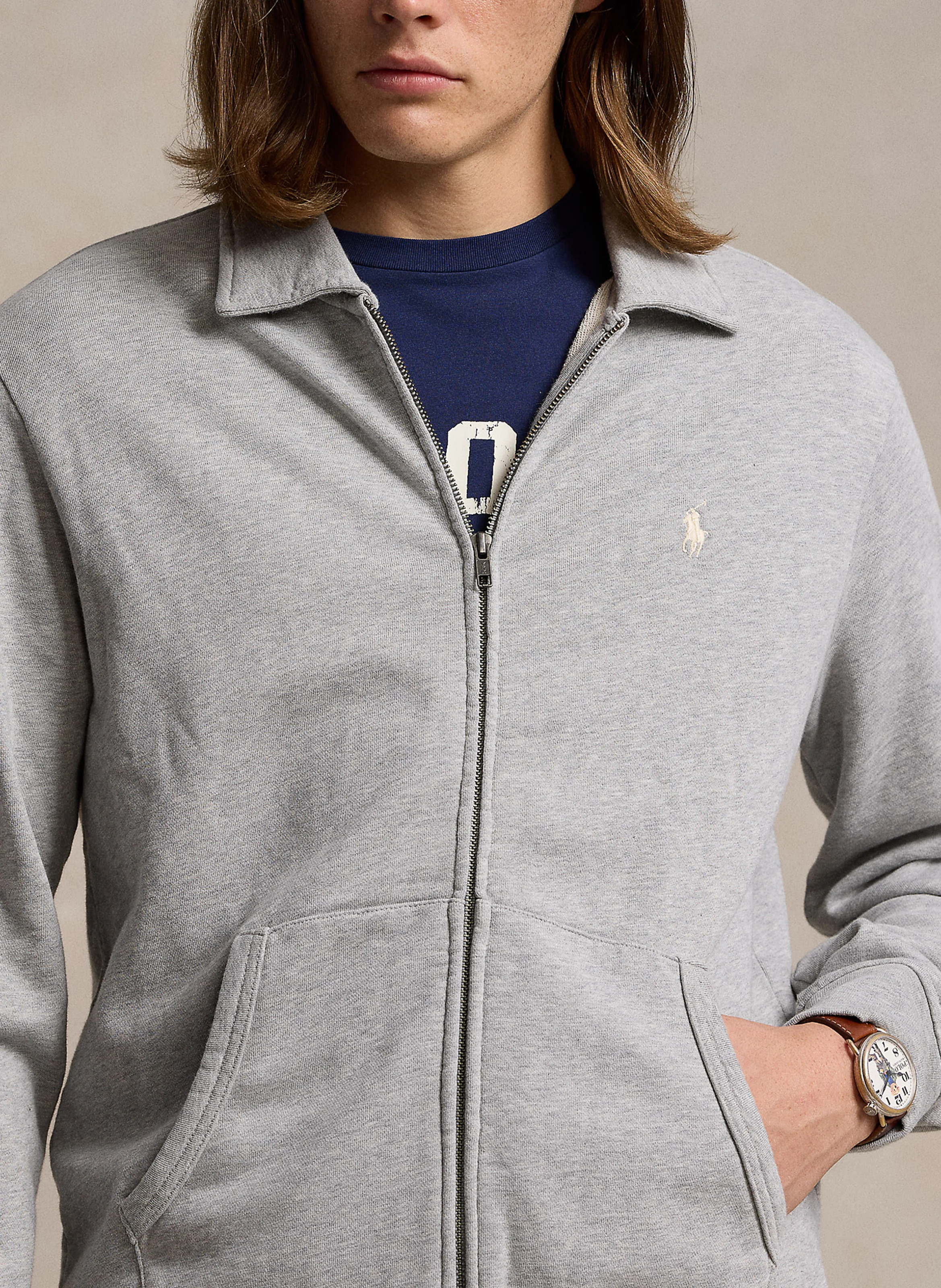 Sweat col polo zippé en coton| Gris