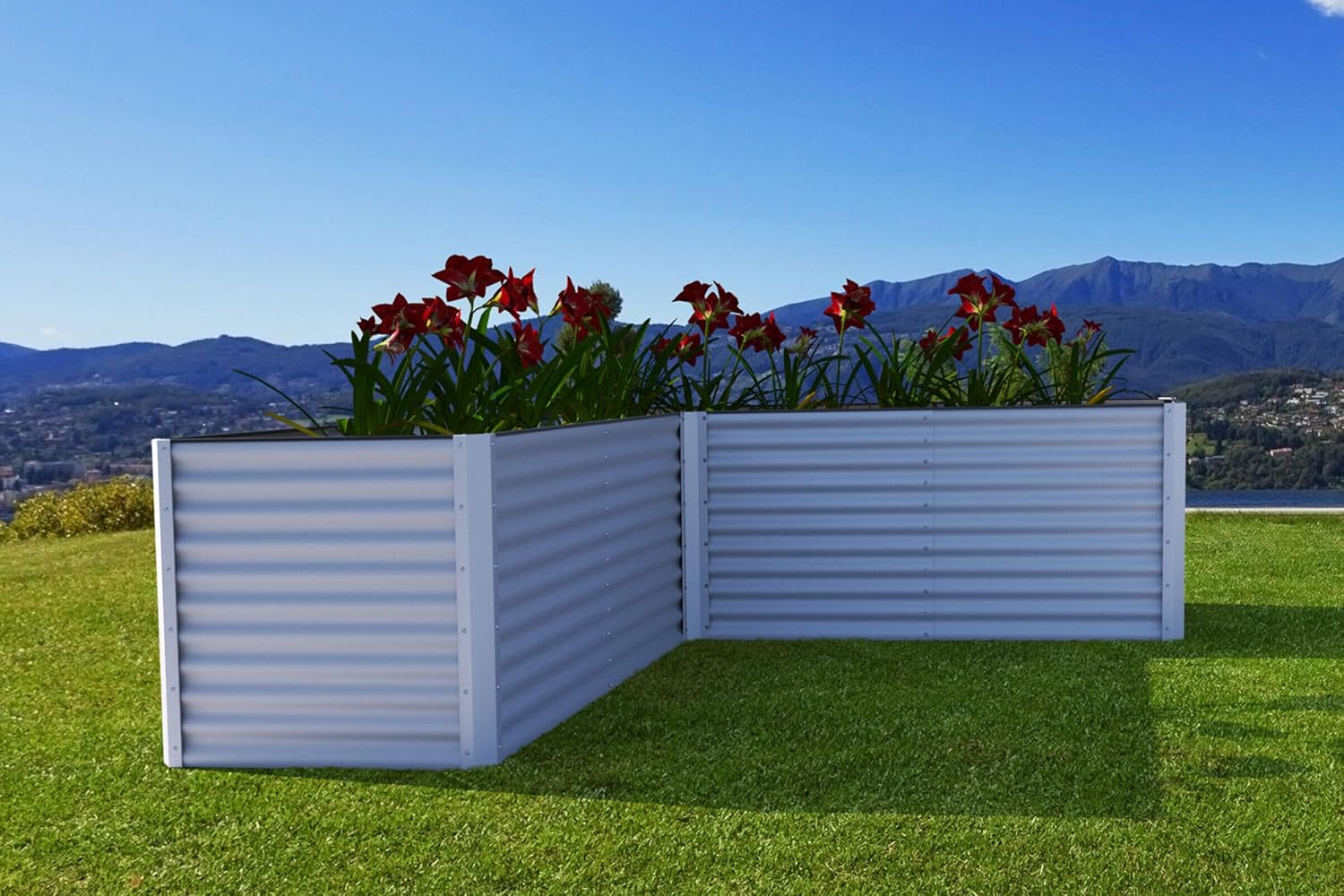 OUTFLEXX Eck-Hochbeet in Silber, Zincalume, 270x270x90x84cm, Gemüsebeet Blumenbeet aus Metall für Garten & Balkon