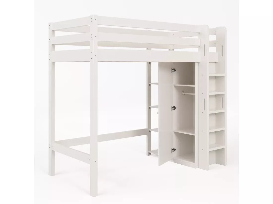 Lit mezzanine 90 x 200 cm avec armoire et 6 étagères - bois massif + MDF - blanc
