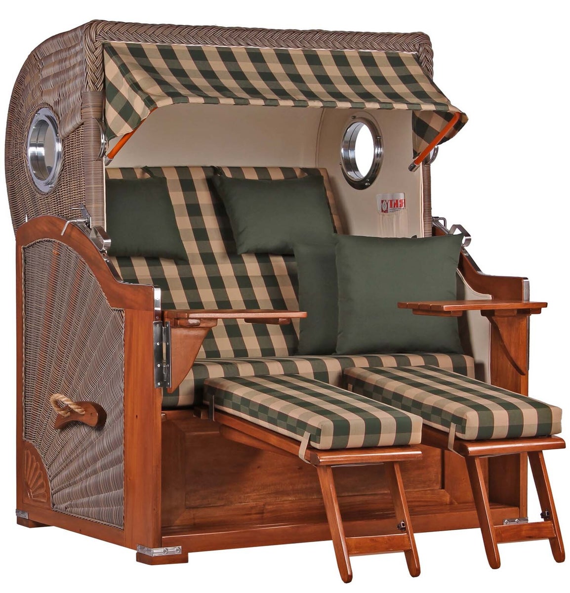 Westerland strandstoel, mahonie, patrijspoort, PE grijs, design 506