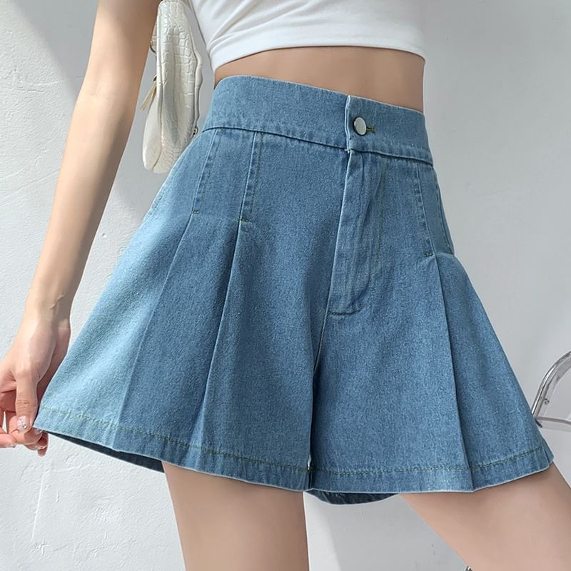 OGAWA - Geplooide, gewassen denim shorts met hoge taille