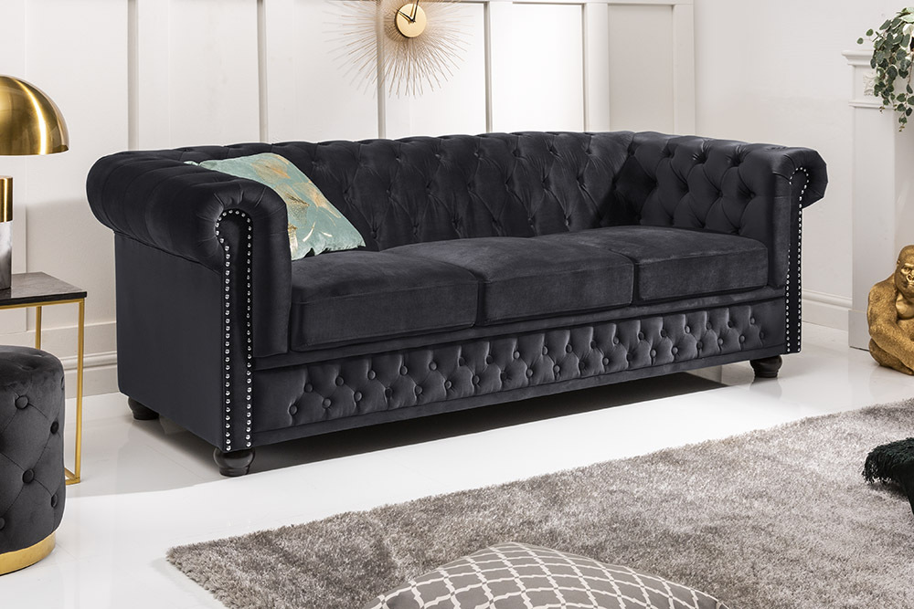 Barock Sofa CHESTERFIELD 205cm schwarz Samt Federkern Knopfheftung 3-Sitzer Couch