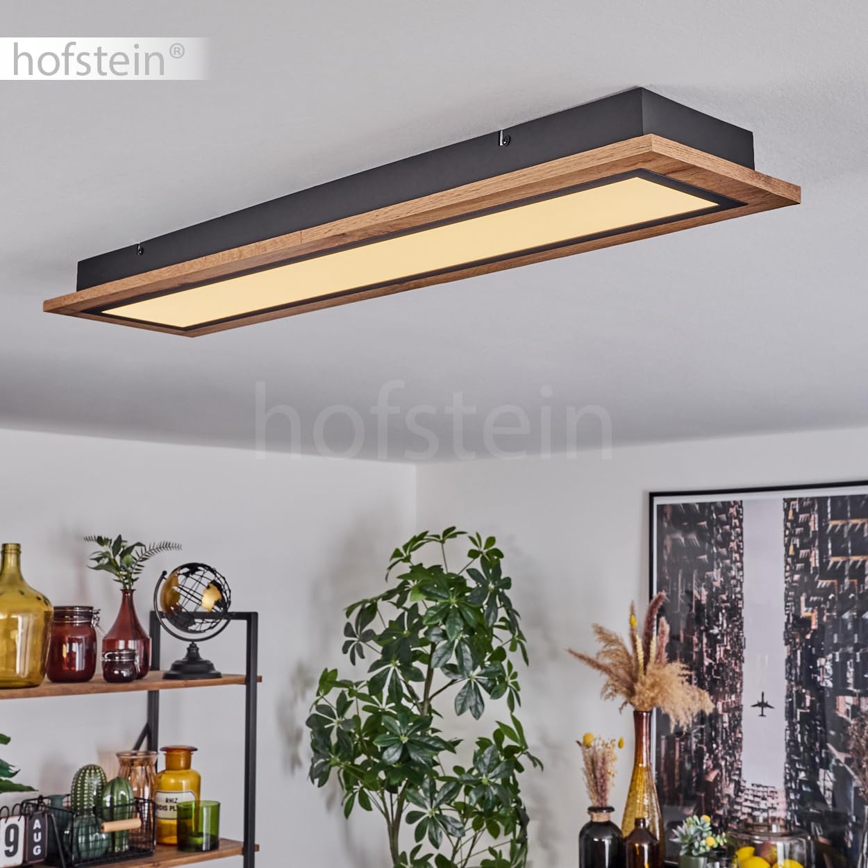 LED Deckenleuchte Salmi, moderne Deckenlampe aus Metall/MDF/Kunststoff in Schwarz/Holzoptik/Braun/Weiß, rechteckige Leuchte (80 cm x 20 cm), 2800 Lumen, 3000 Kelvin, LED 24 Watt