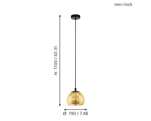 Hanglamp, 1-lichts, HxØ 110x19 cm, zwart/goud