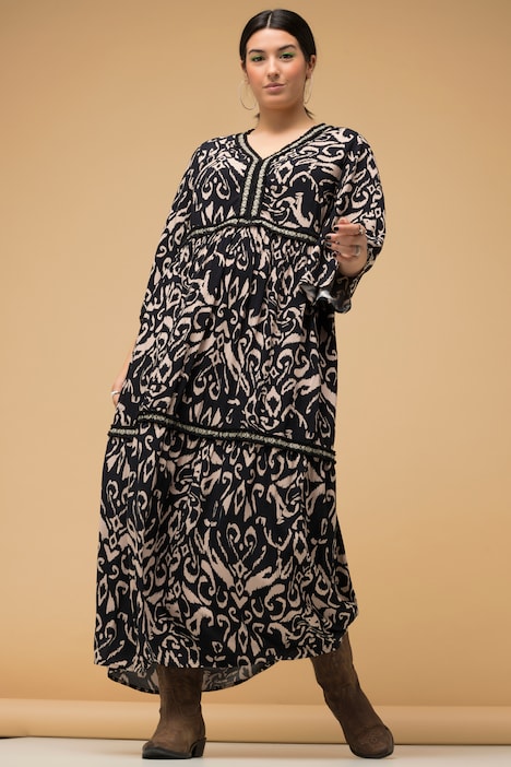 Maxikleid, Black&White Print, Ziertapes, V-Ausschnitt, 3/4-Ärmel