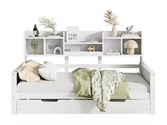 Canapé-lit gigogne 90x200 cm - Lit gigogne 90x190 cm - avec rangement - sommier à lattes - pin multi - blanc (matelas non inclus)
