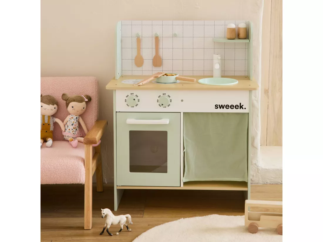 Cuisine en bois vert céladon cocotte pour enfant avec accessoires