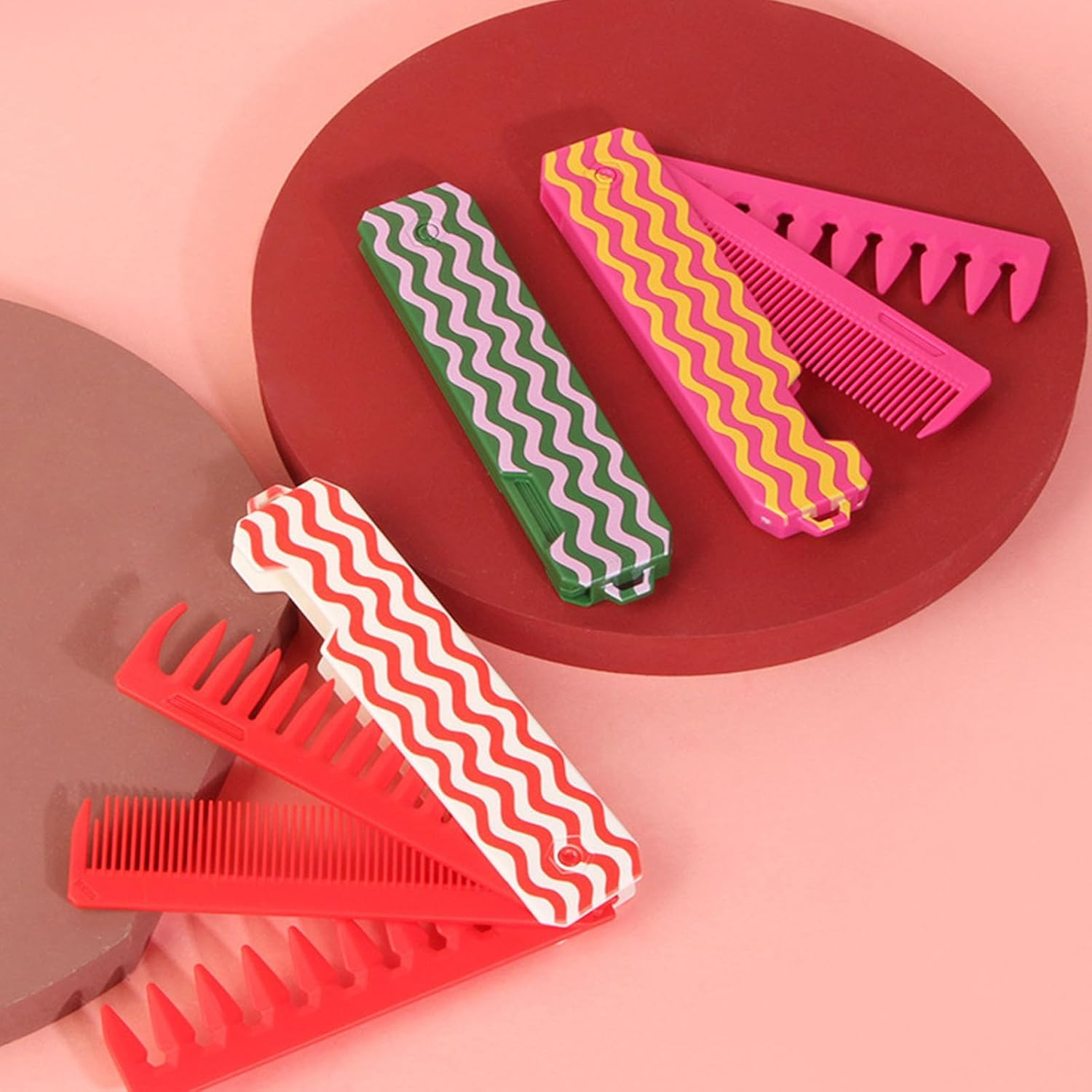 2in1 Faltbarer Haar Kamm Reise Kosmetik Klapp Kamm mit Breitzahn   Feinzahn Entwirrungskamm - Rosa / Gelb