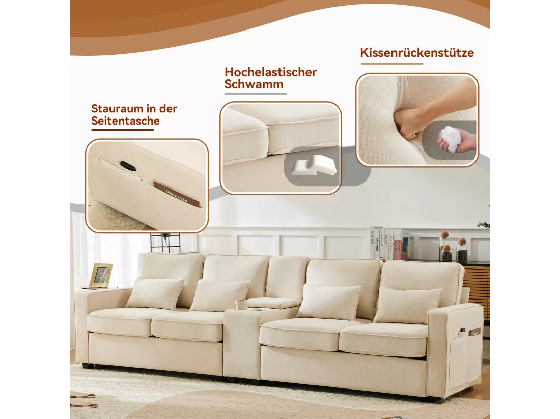 Canapé 4 places - 290 x 83 x 88 cm - avec 2 porte-gobelets, 2 ports USB, 2 poches et 4 coussins - Tissu en lin - Beige