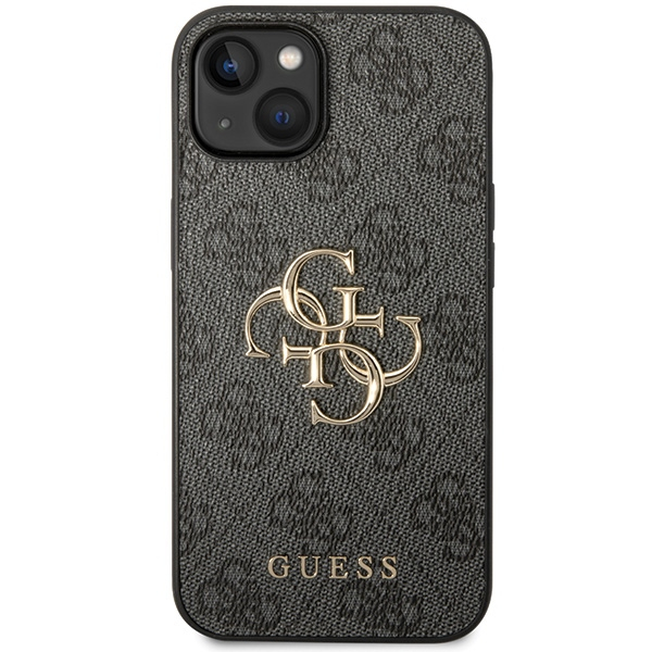 iPhone 15 Leder Hardcase Hülle Metall Logo (GUHCP15S4GMGGR) - Grau / Gold