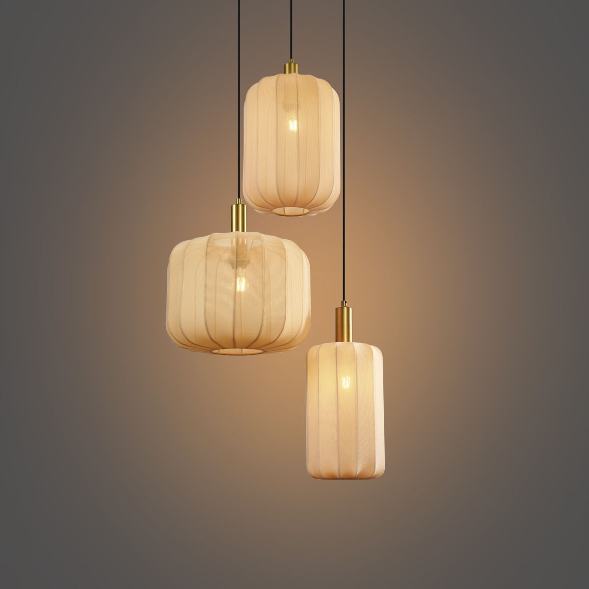 Japandi hanglamp zwart en goud met beige kap 3-lichts - Pluni