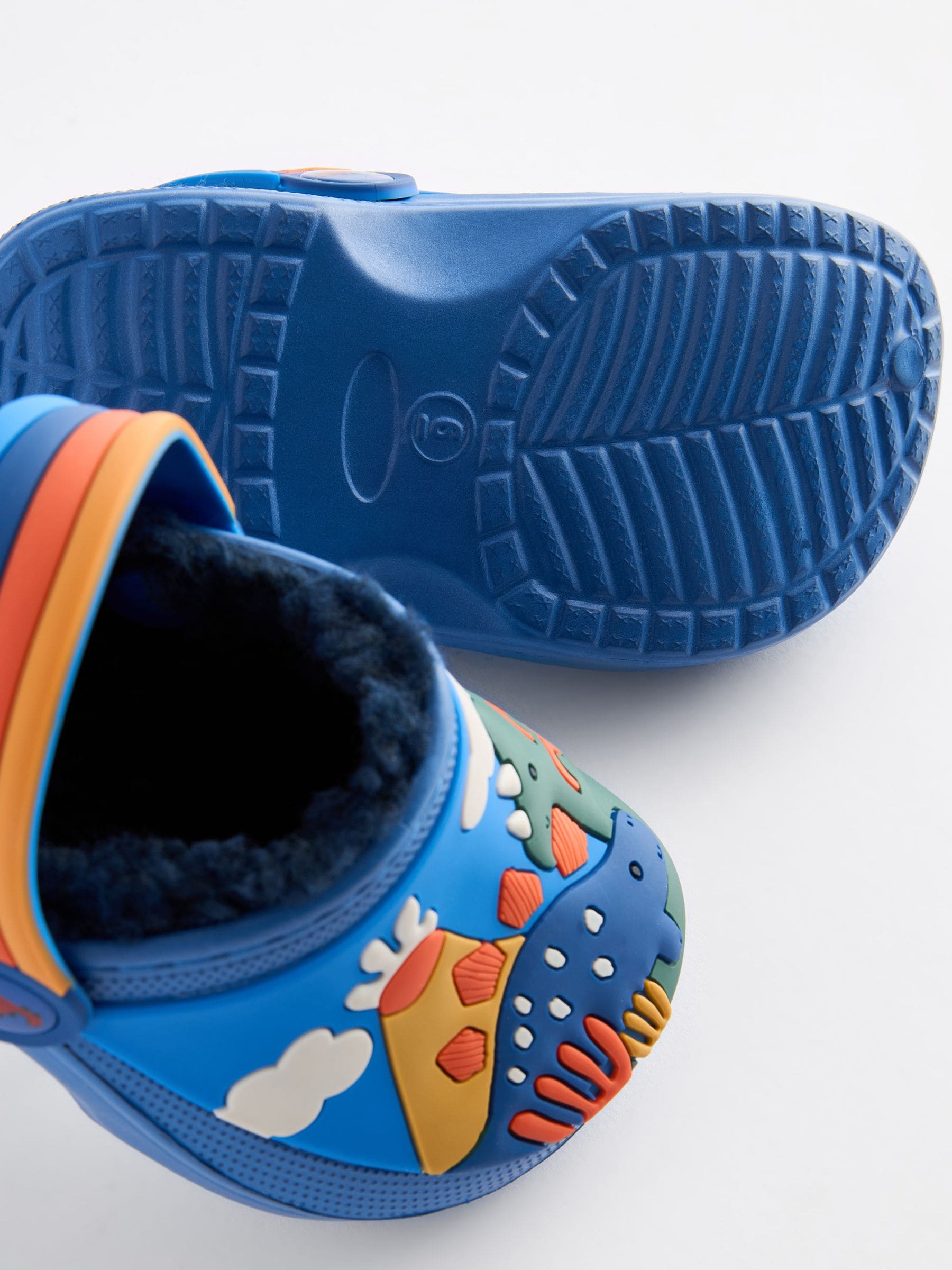 Blauw met dinosaurus - Gevoerde klomppantoffels
