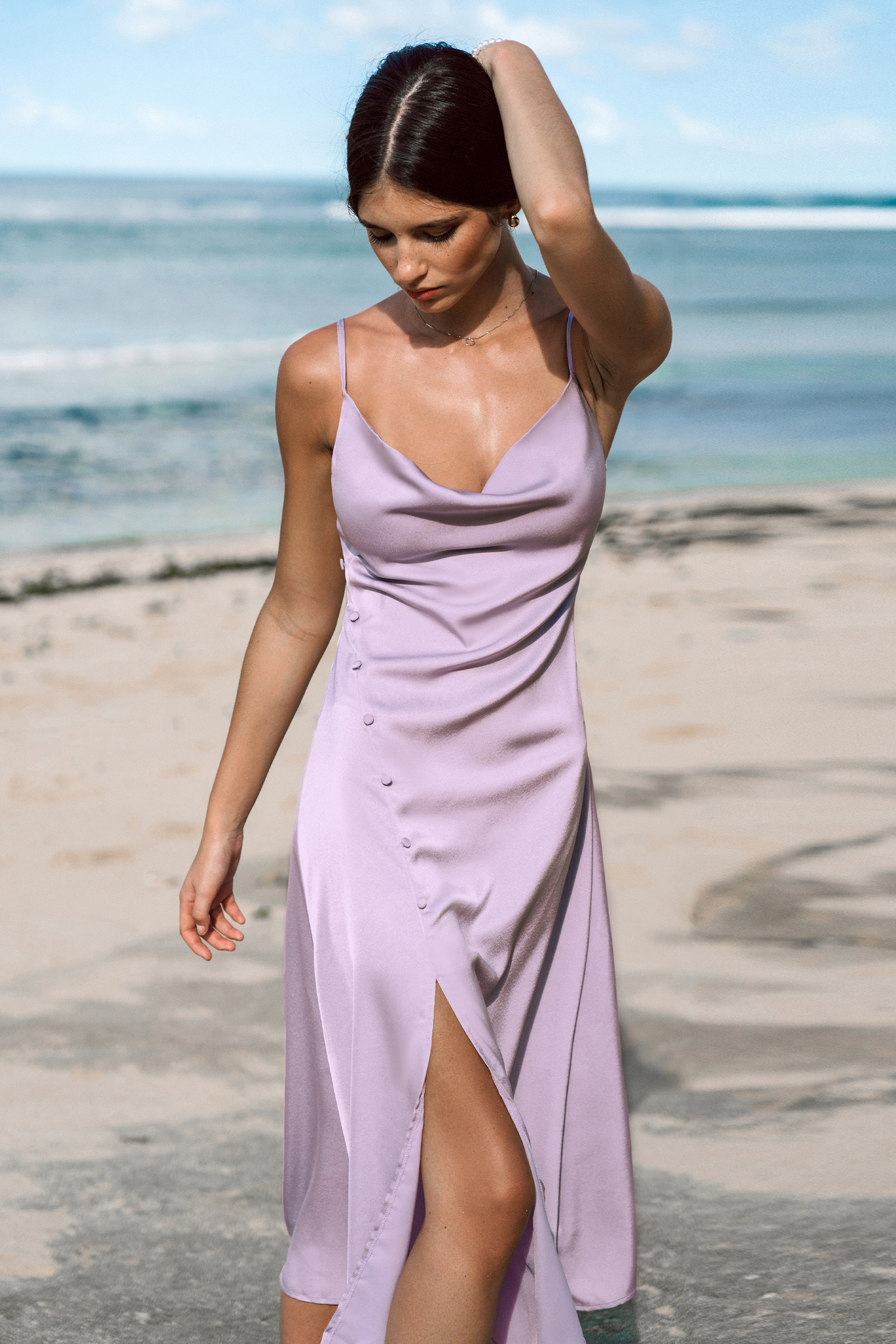 Robe maxi à col bénitier et ourlet fendu lavande