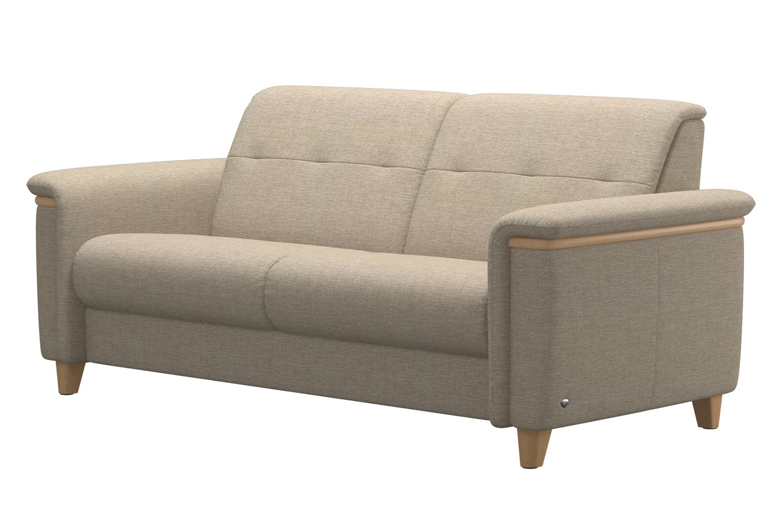 Flora 2,5-seter sofa I tekstil Daisy Beige med dekorlist i eik og 11 cm eikeben.