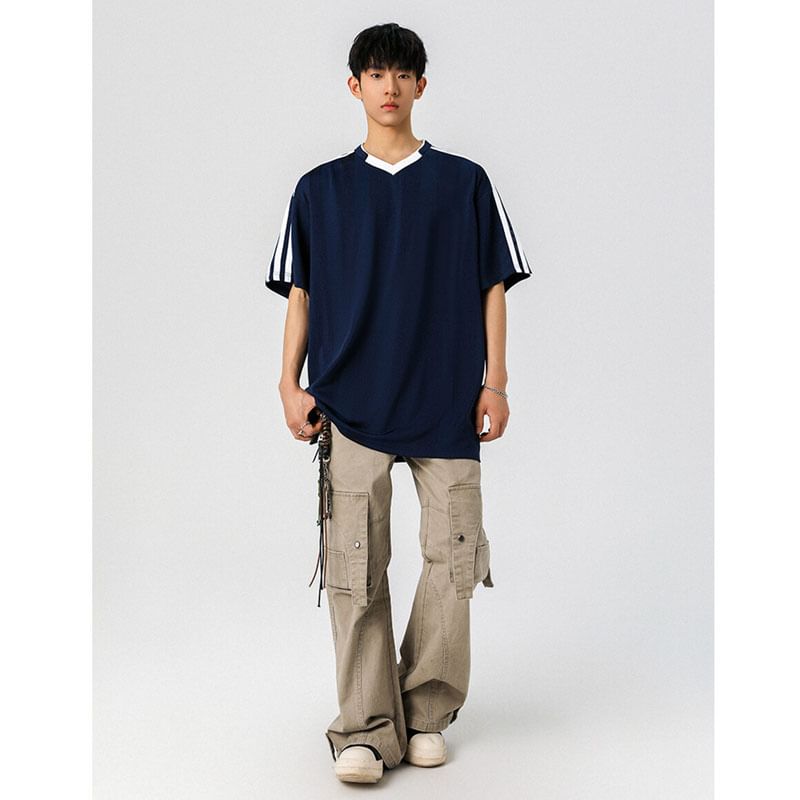 Derbundy - T-shirt met korte mouwen, V-hals en strepen