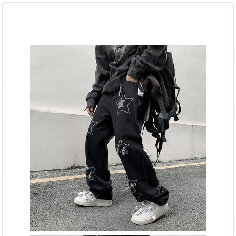 Zentrus - Wijde jeans met sterrenprint en distressed look