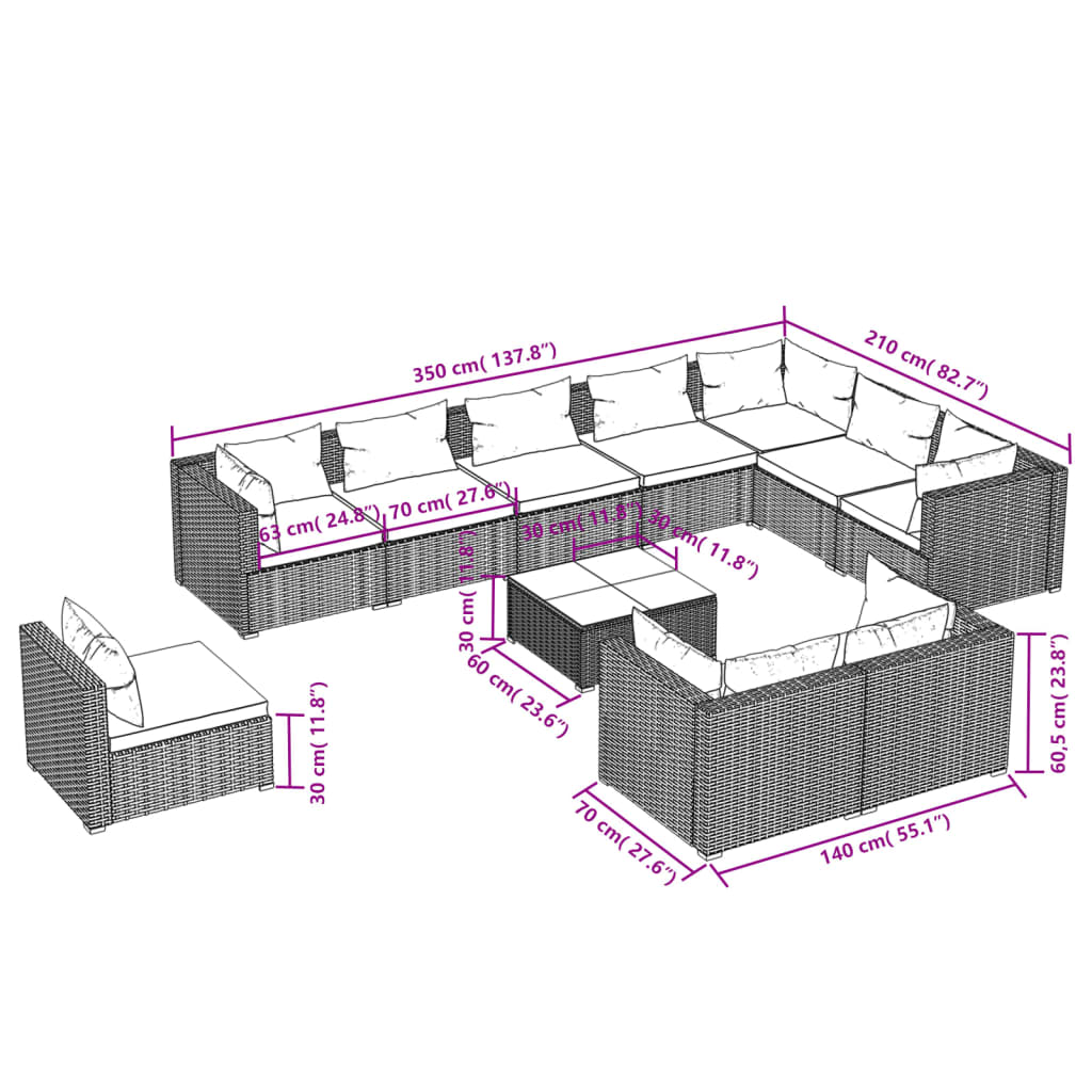 Salon de jardin meuble d'extérieur ensemble de mobilier 11 pièces avec coussins résine tressée gris