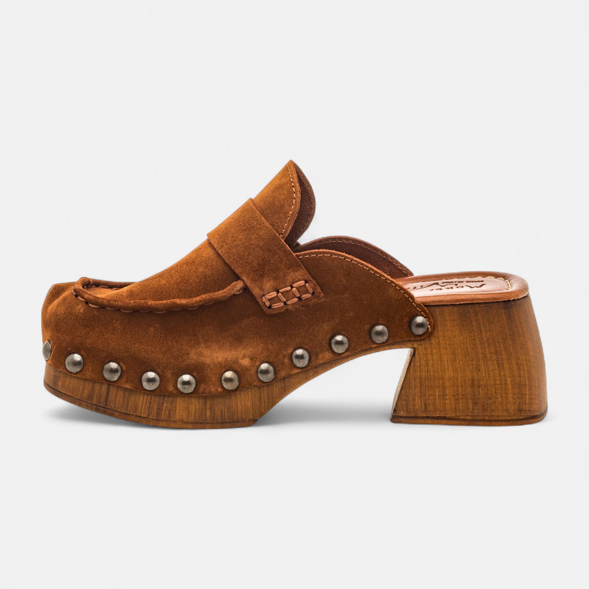 Chaussures semelle bois à talon Femme en cuir cognac