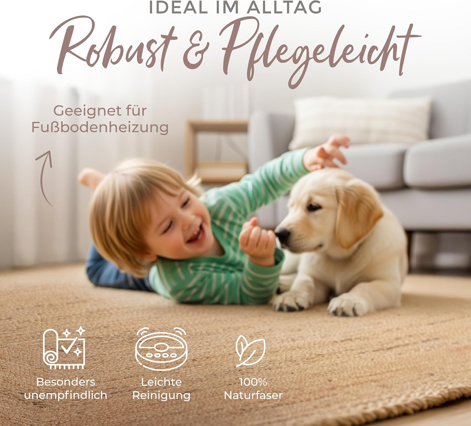 carpetfine Juteteppich Nele Beige handgewebt aus Jute 160x230 cm | Moderner Naturfaserteppich im Boho Style für Wohnzimmer, Küche und im Flur