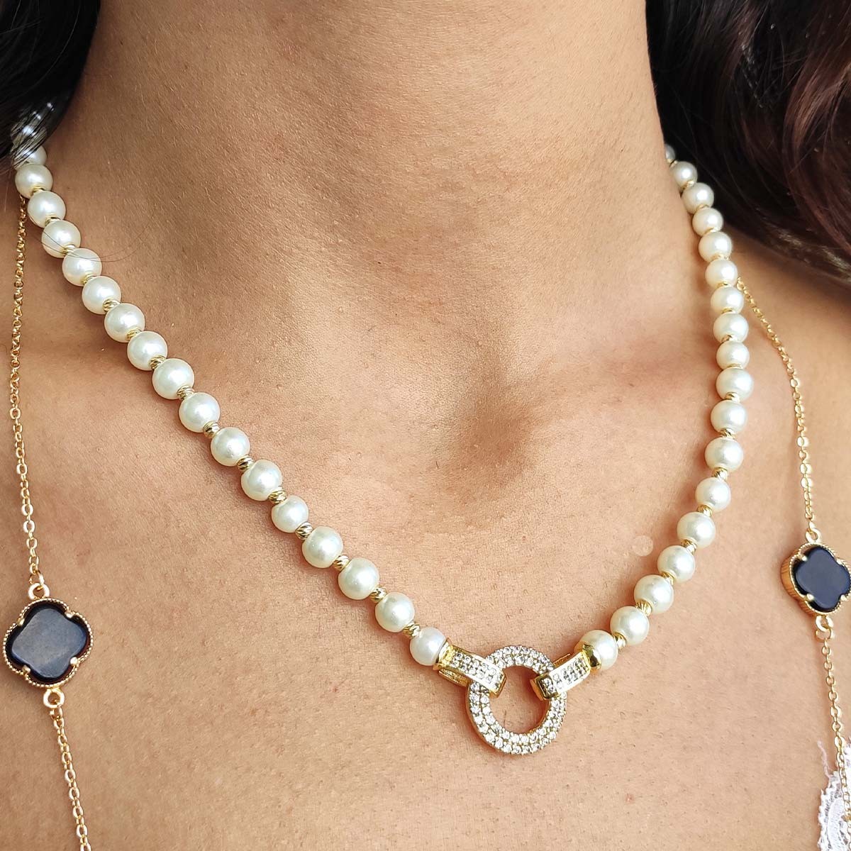 Collier de perles - Laiton plaqué or & zircons
