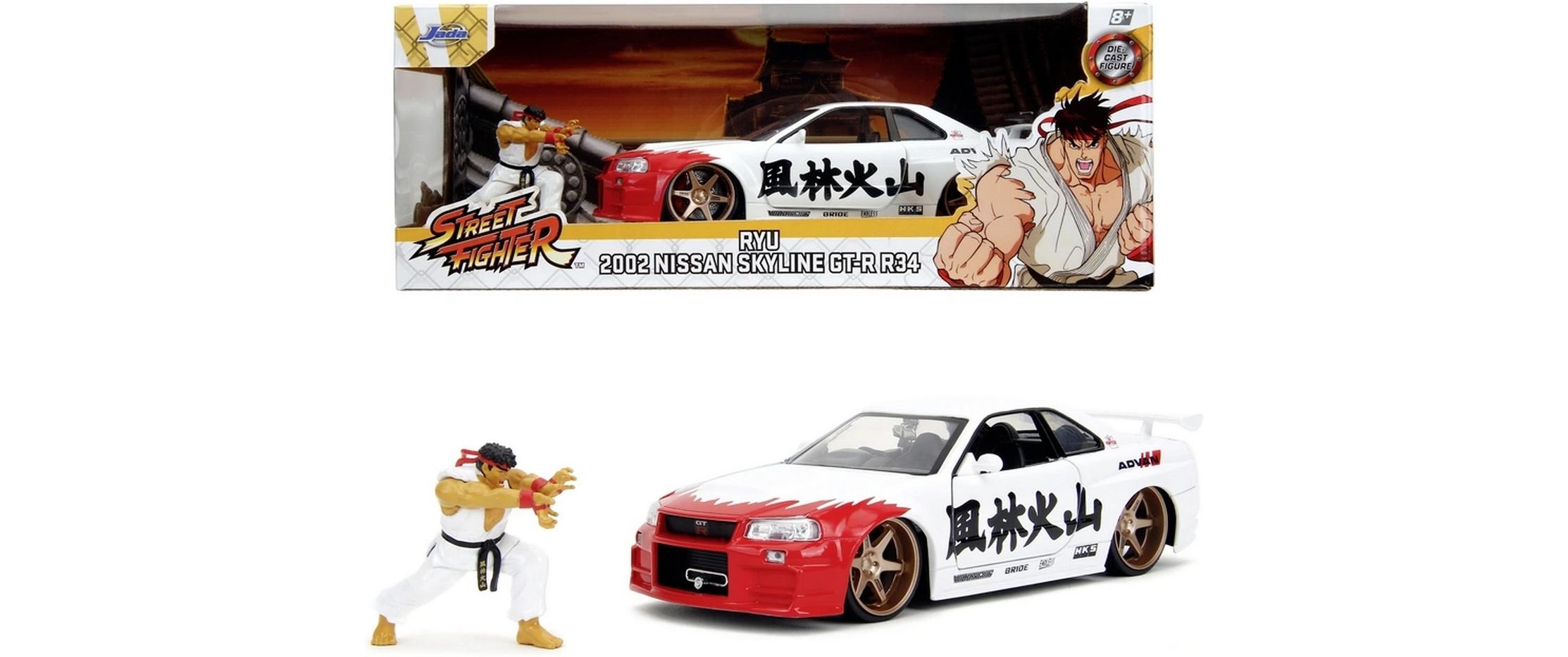 Street Fighter Nissan Skyline GTR 1:24Street Fighter Figur Ryu & 2002er Nissan Skyline GT-R