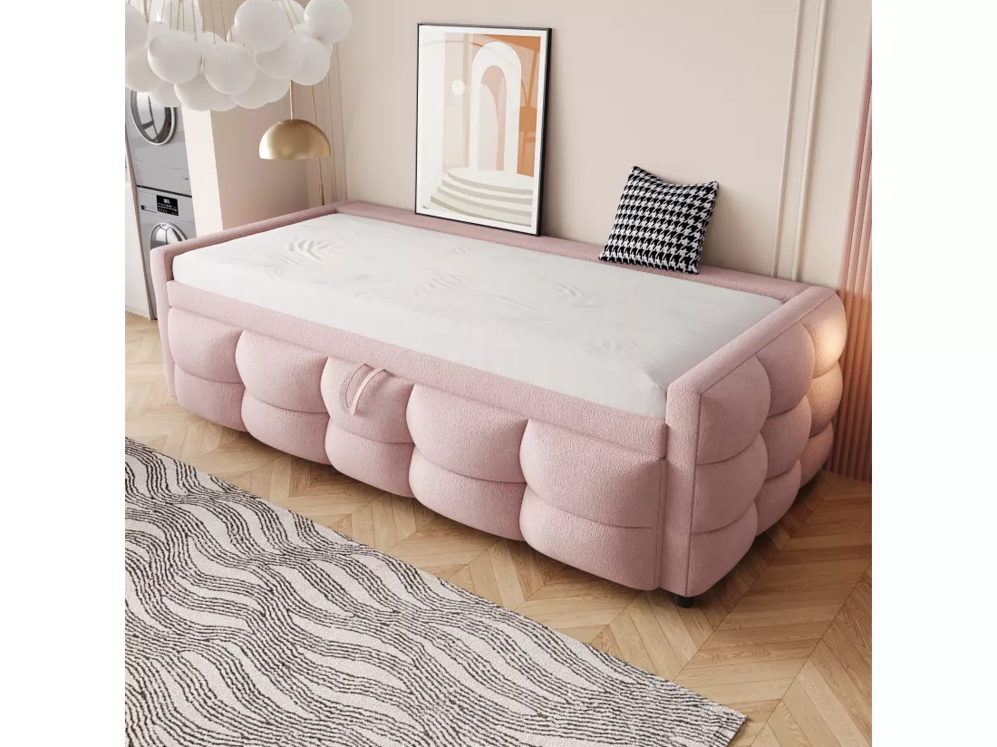 Lit gigogne 90/180x190 cm en velours - avec sommier à lattes - Rose