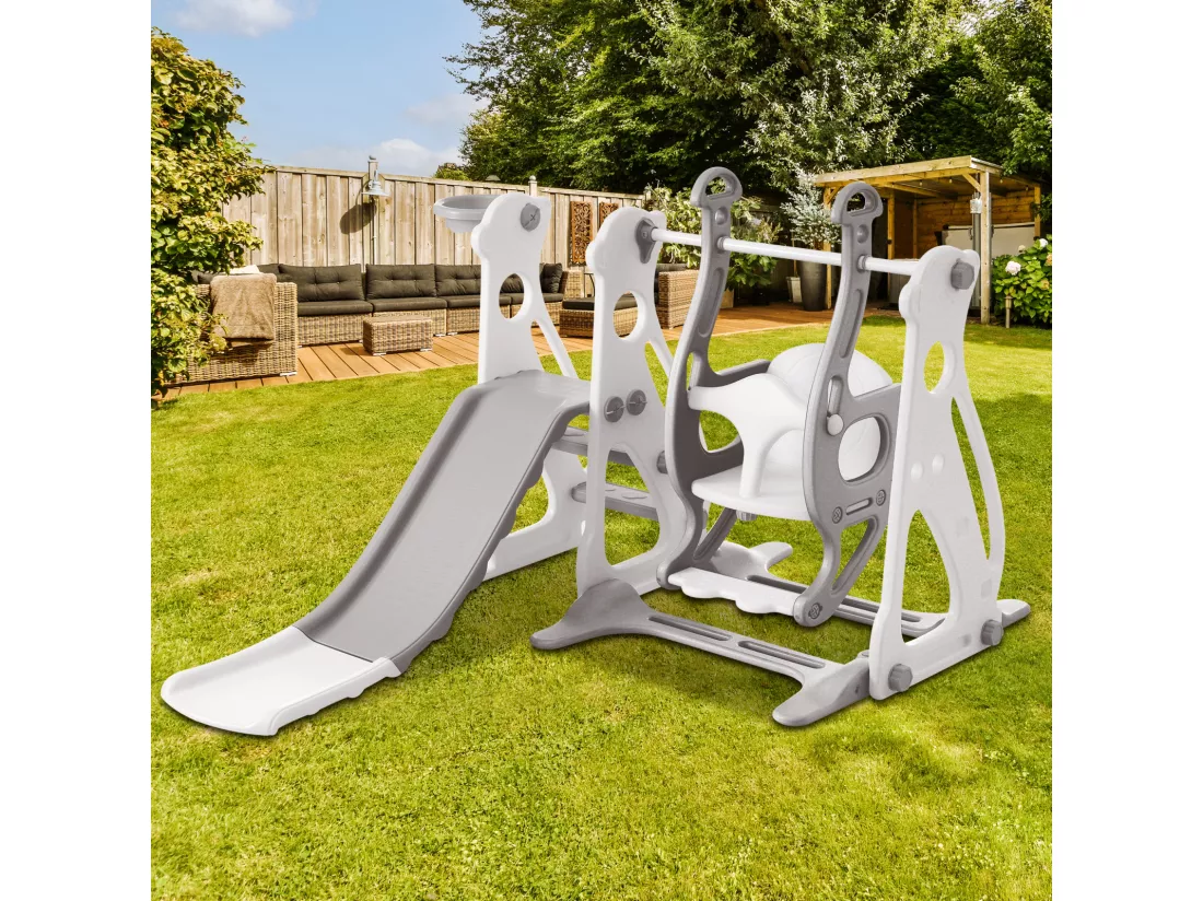 Toboggan pour enfants 4 en 1 - Convient pour l'intérieur et l'extérieur - avec balançoire, cadre de basket, toboggan, échelle - Gris