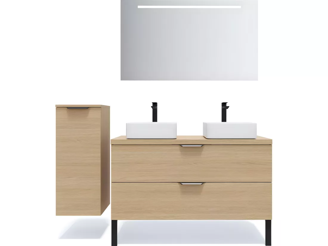 Meuble de salle de bain suspendu 2 vasques à poser 120cm 2 tiroirs Chêne clair - Venice